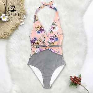 NWT Cupshe Mixed Floral and Stripe One Piece Halter - XL